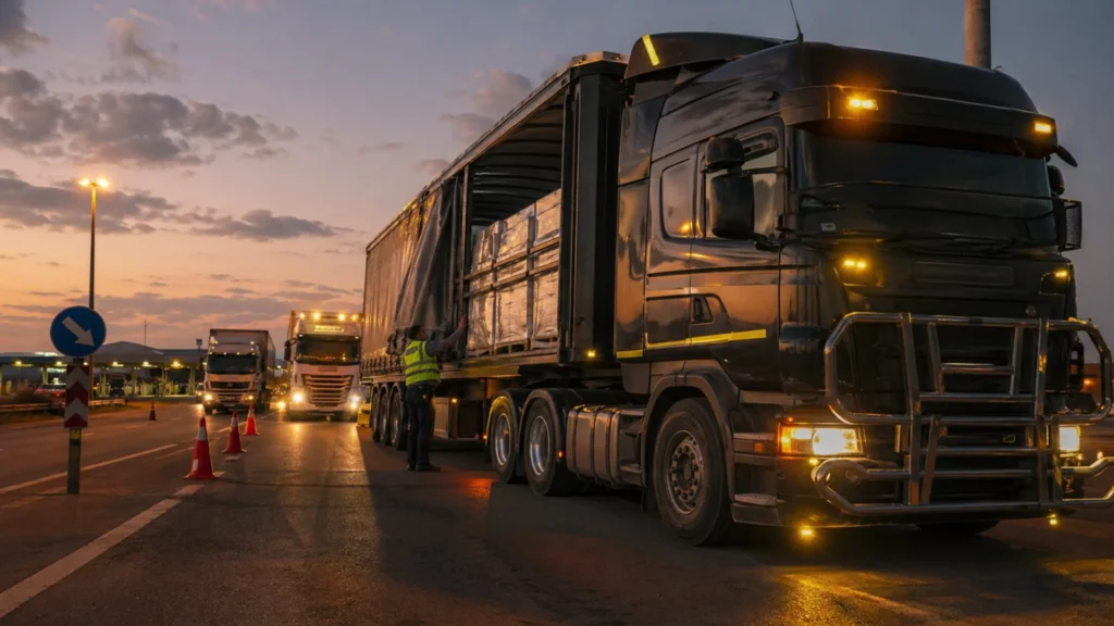 Truck hijacking fleet security — recovered freight truck on South African highway with law enforcement