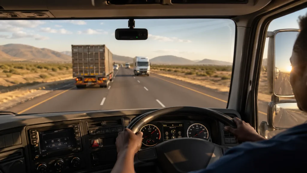 AI dashcam fleet safety system installed in truck cab showing driver monitoring and forward collision alerts on South African highway