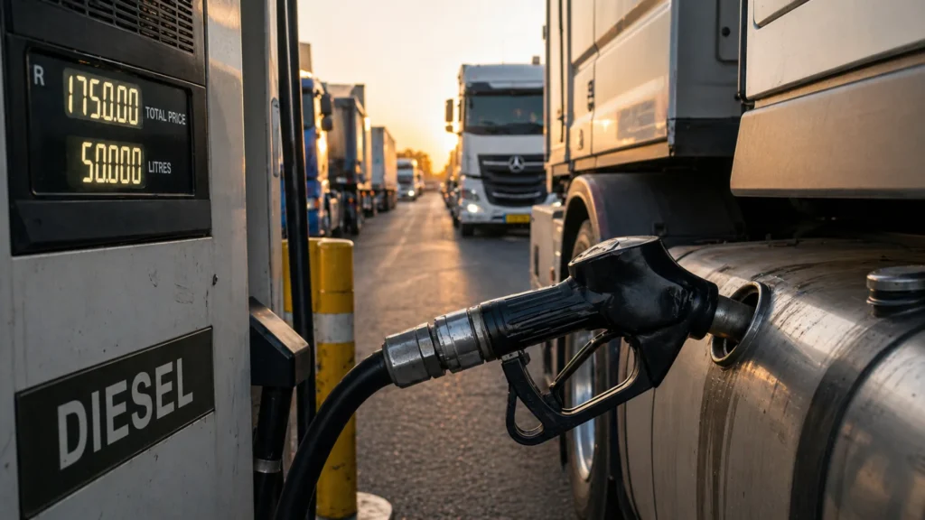 Diesel fuel pump nozzle at a South African filling station with a digital price display showing rising fuel costs