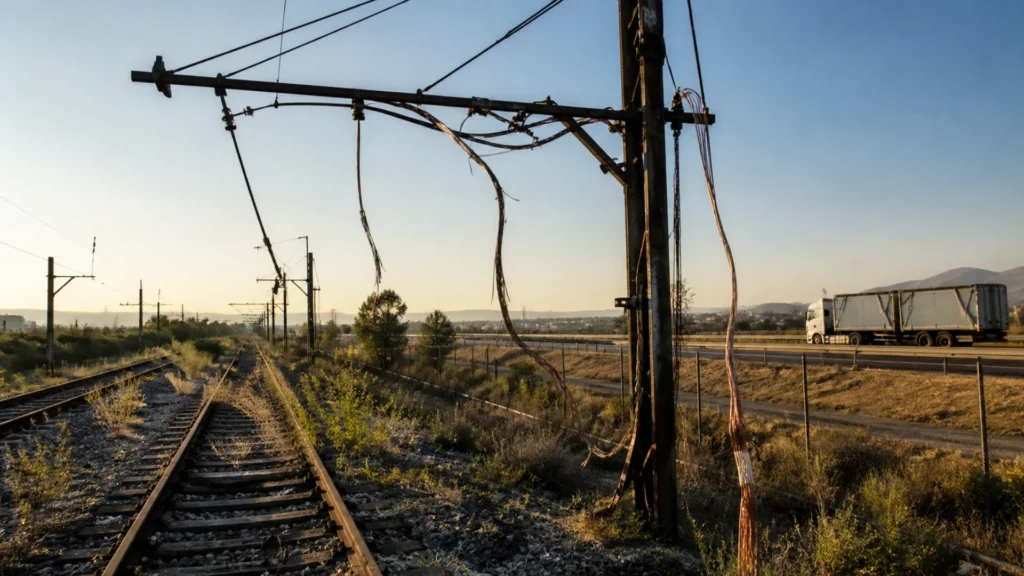 Copper theft infrastructure security — damaged electrical pylon with stolen cables on South African rail corridor
