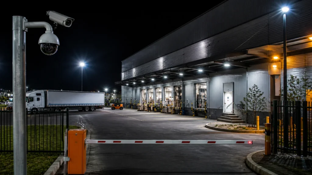 Depot security fleet monitoring — CCTV camera overlooking truck loading bay at South African logistics facility
