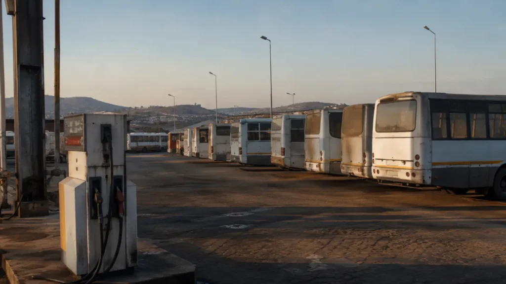 Diesel cost transport operators — Putco buses at depot with rising fuel cost graph overlay