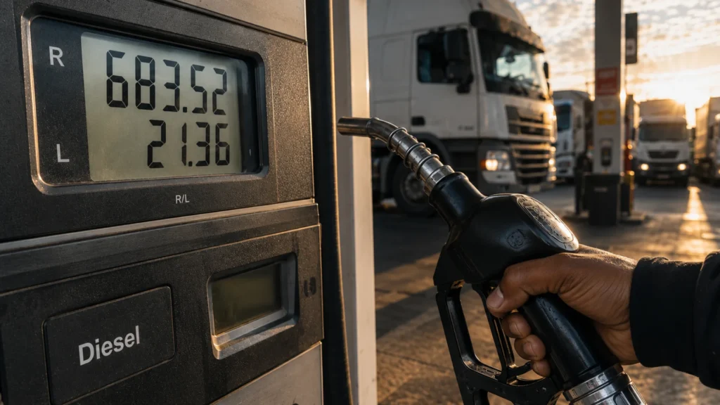 Diesel price fleet cost — fuel pump display showing R32 per litre at South African filling station with trucks