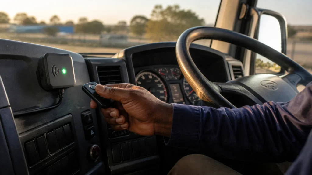 Driver identification fleet security — wireless ID beacon and dashboard reader in South African fleet truck cab