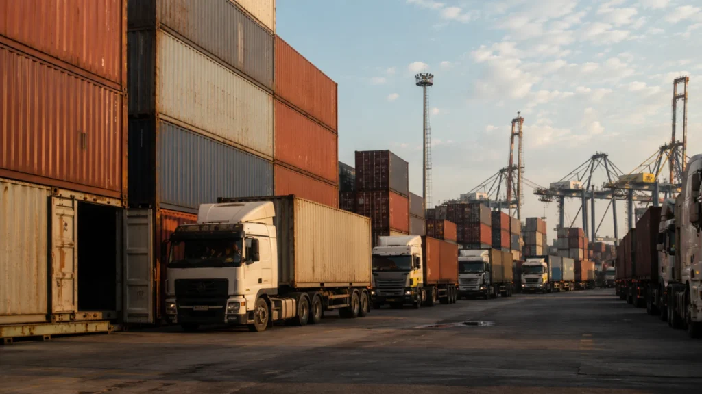 Drug cartel fleet infrastructure — shipping containers at South African port with freight trucks