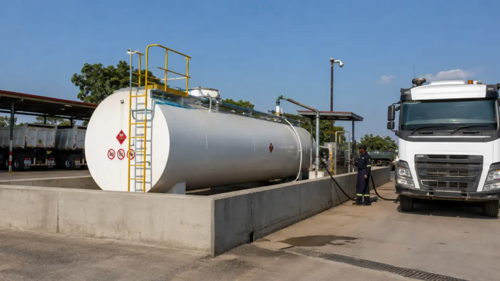 Fleet bulk fuel storage compliance — above-ground diesel tank with bunding at South African fleet depot