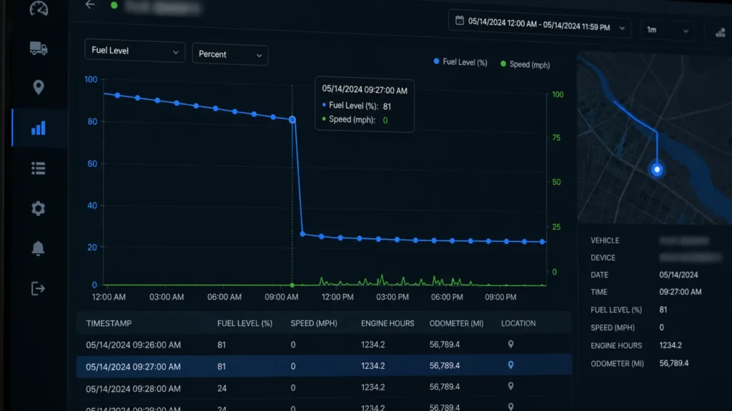 Fleet fuel data forensics — fuel level graph on monitoring dashboard showing siphoning event pattern