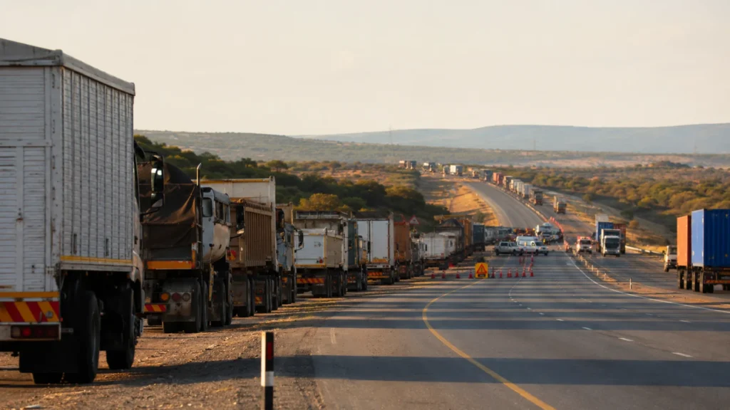 Fleet logistics disruption protests — freight trucks delayed at South African roadblock during civil unrest