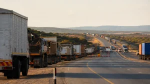 Fleet logistics disruption protests — freight trucks delayed at South African roadblock during civil unrest