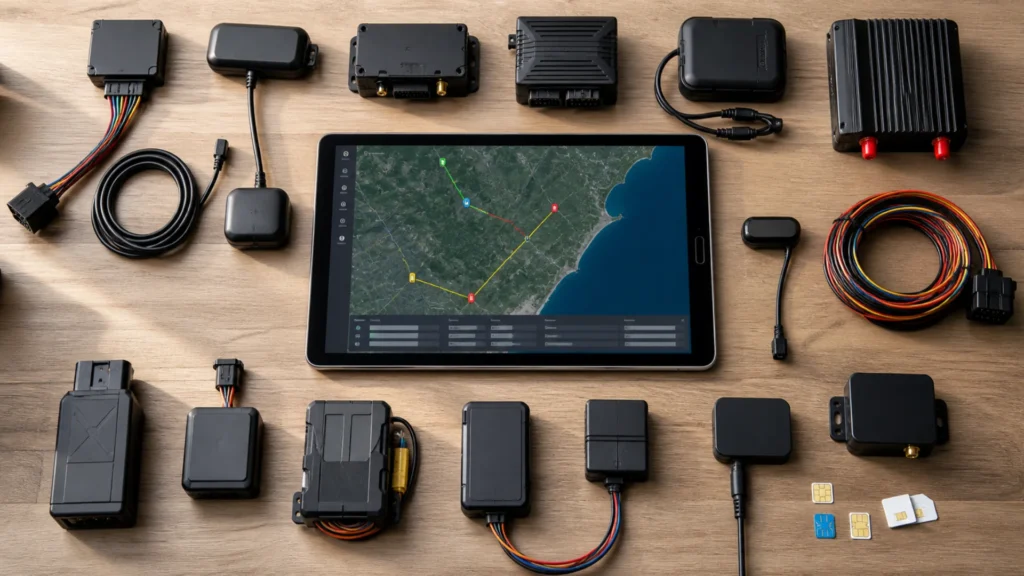 Fleet management providers South Africa — vehicle tracking devices from multiple providers displayed on a desk