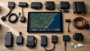 Fleet management providers South Africa — vehicle tracking devices from multiple providers displayed on a desk