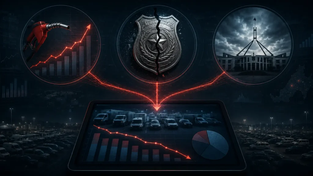 Fleet operating crisis June 2026 — three converging threat arrows pointing at a fleet budget on a dashboard