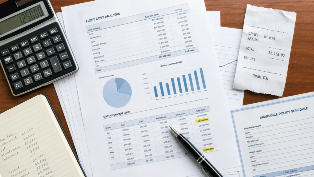 Fleet security cost analysis — calculator and financial documents showing fleet operating cost breakdown