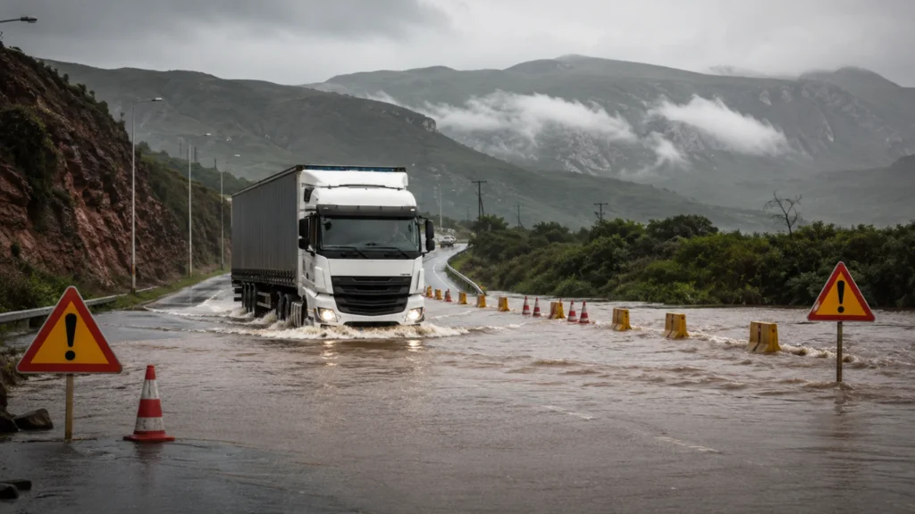 Flood road closures fleet — freight truck navigating flooded highway in South African Garden Route