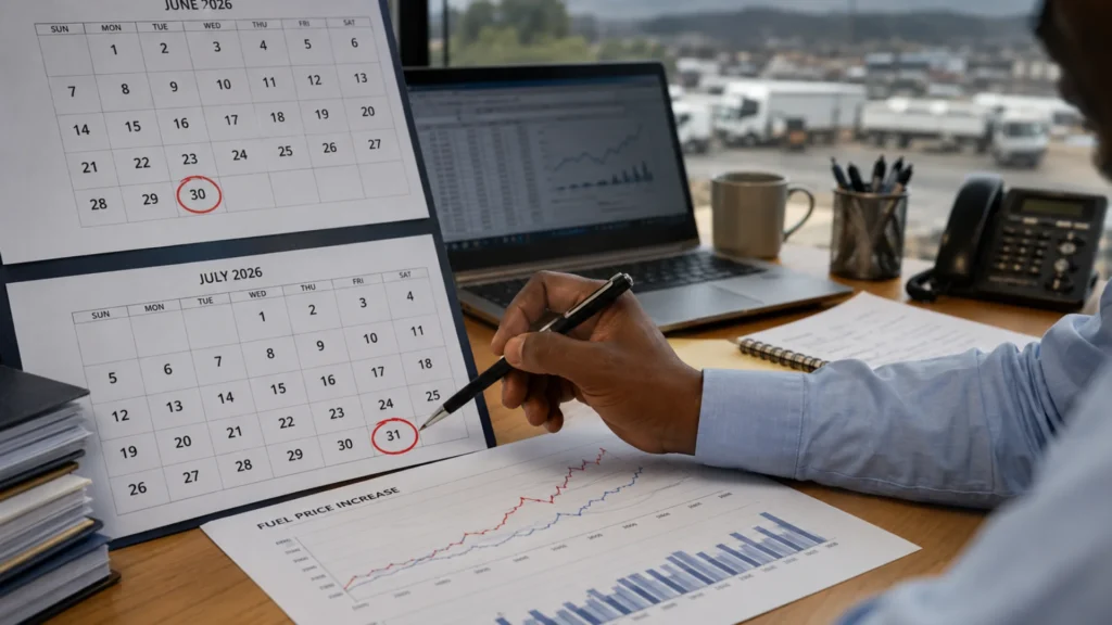 Fuel levy phase-out fleet impact — calendar showing June and July fuel price increase dates with fleet trucks