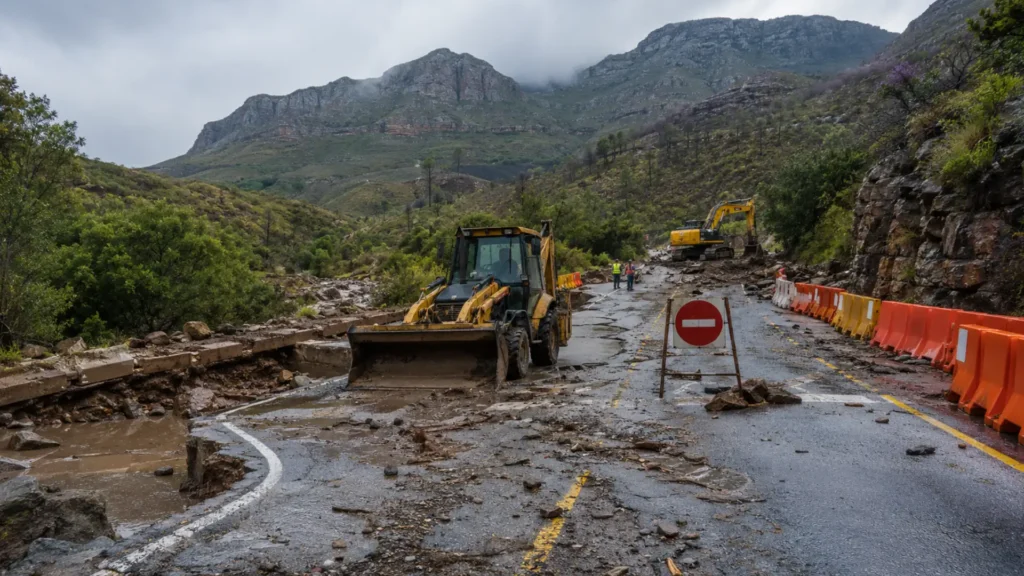 Garden Route road closures fleet recovery — damaged road surface with construction barriers on Garden Route pass