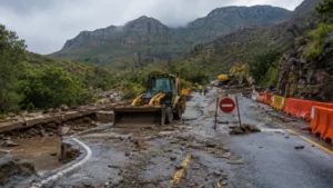 Garden Route road closures fleet recovery — damaged road surface with construction barriers on Garden Route pass