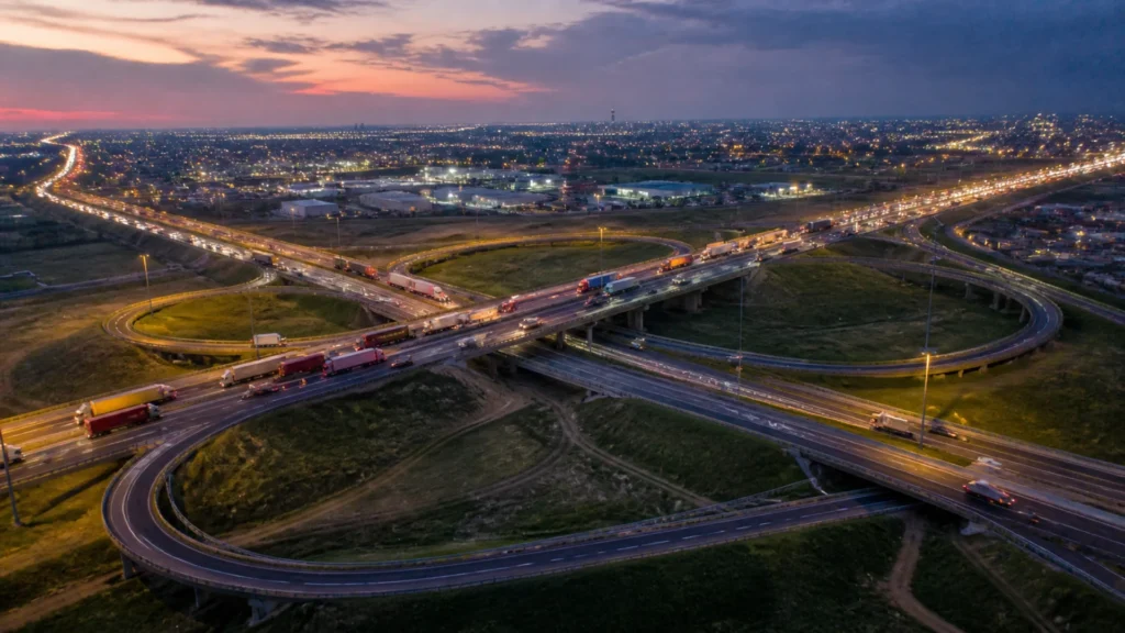 Hijacking hotspots fleet routes — aerial view of South African highway interchange at dusk with freight trucks