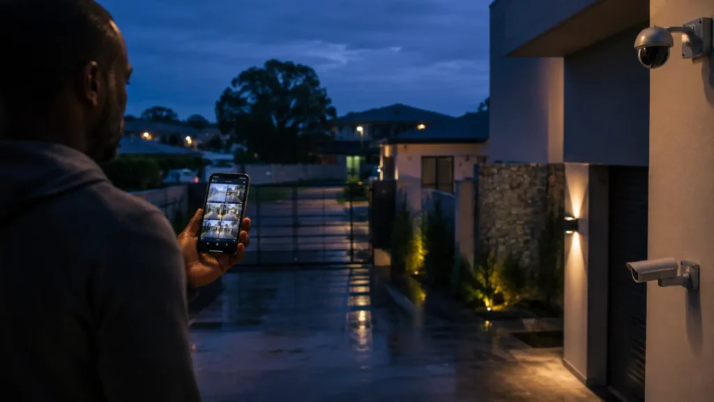 Modern residential CCTV system monitoring a South African home at night