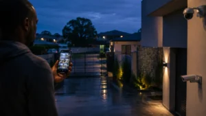 Modern residential CCTV system monitoring a South African home at night