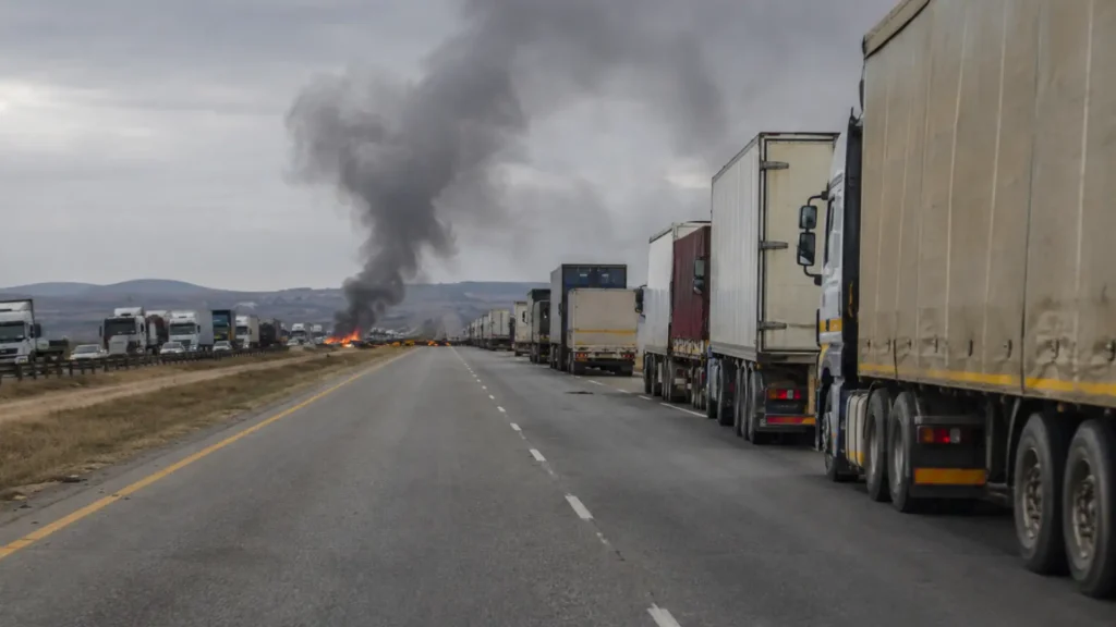 June 30 shutdown fleet logistics — freight trucks at a standstill on major South African highway