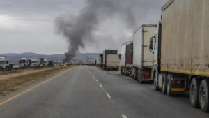 June 30 shutdown fleet logistics — freight trucks at a standstill on major South African highway