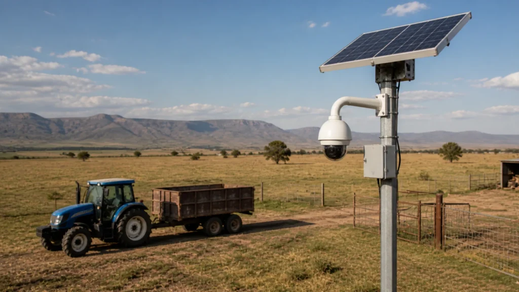 Off-grid security fleet assets — solar-powered CCTV camera monitoring remote South African farm with equipment