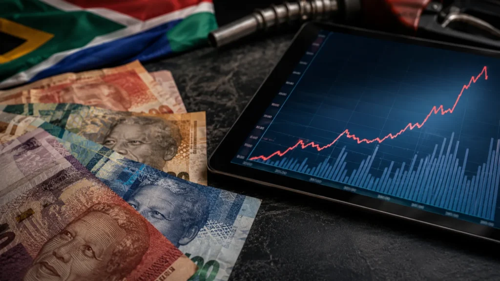 Political instability fleet fuel costs — South African rand banknotes and fuel price graph showing currency impact on diesel
