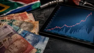 Political instability fleet fuel costs — South African rand banknotes and fuel price graph showing currency impact on diesel