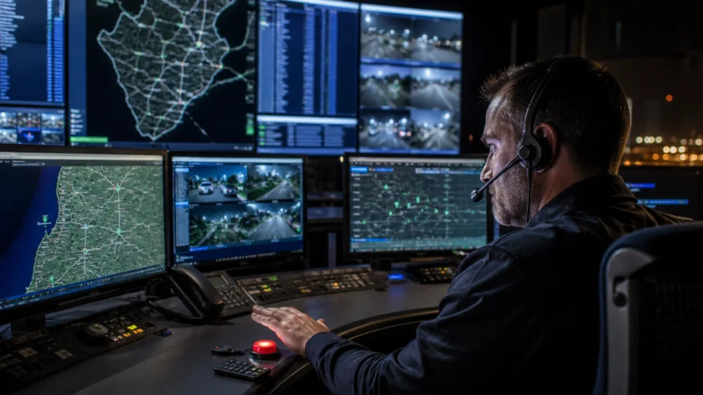 Remote immobilisation fleet security — tracking control room operator monitoring vehicle recovery on screen