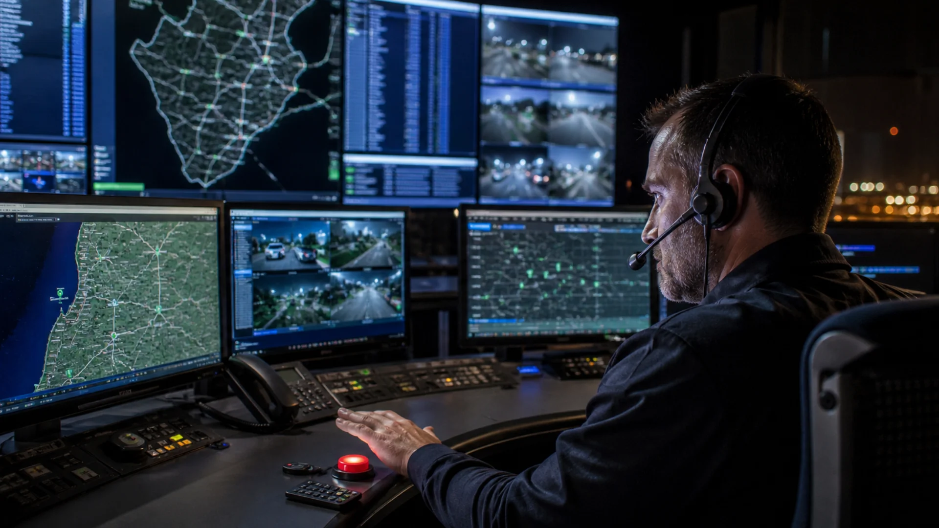 Remote immobilisation fleet security — tracking control room operator monitoring vehicle recovery on screen