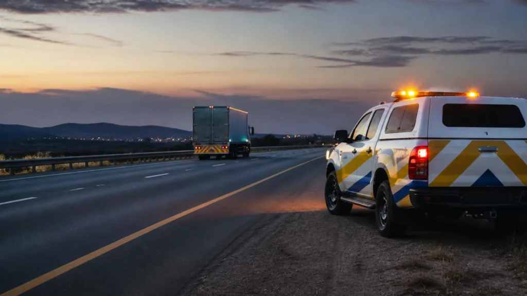 Fleet security policing crisis — SAPS vehicles and private security response team at South African highway checkpoint