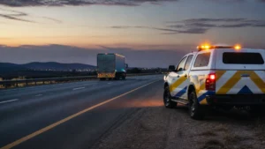 Fleet security policing crisis — SAPS vehicles and private security response team at South African highway checkpoint