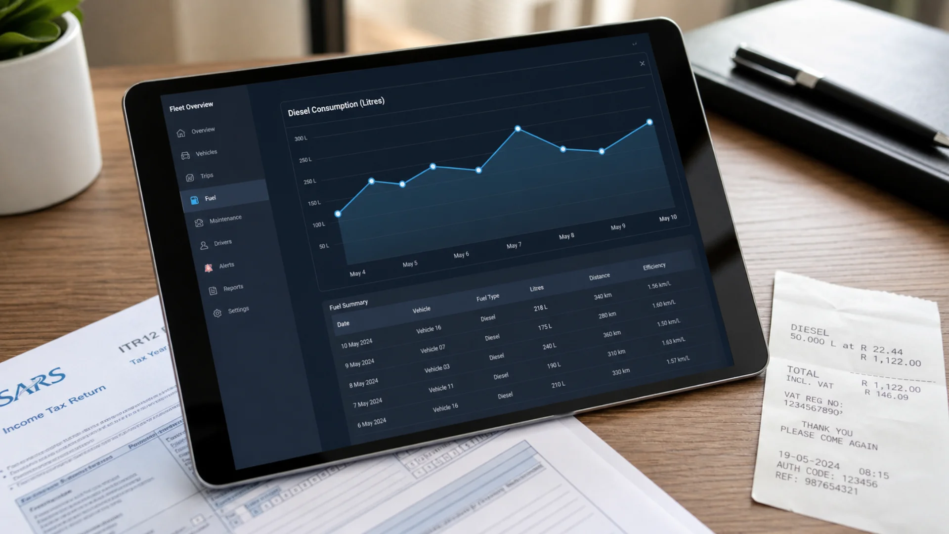 SARS diesel refund fleet compliance — fuel monitoring dashboard showing litre-level diesel consumption data for rebate claims