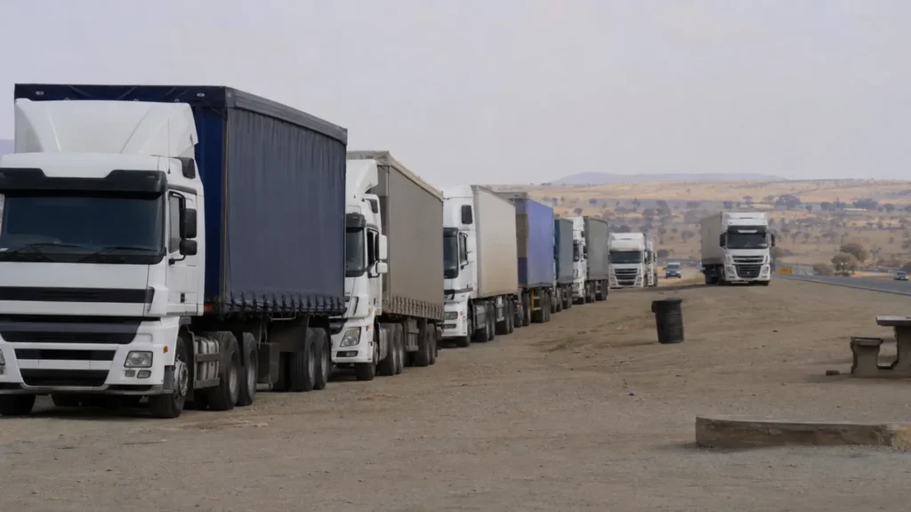 30 June freight corridor disruption — freight trucks parked at a roadside truck stop holding position during the protest day