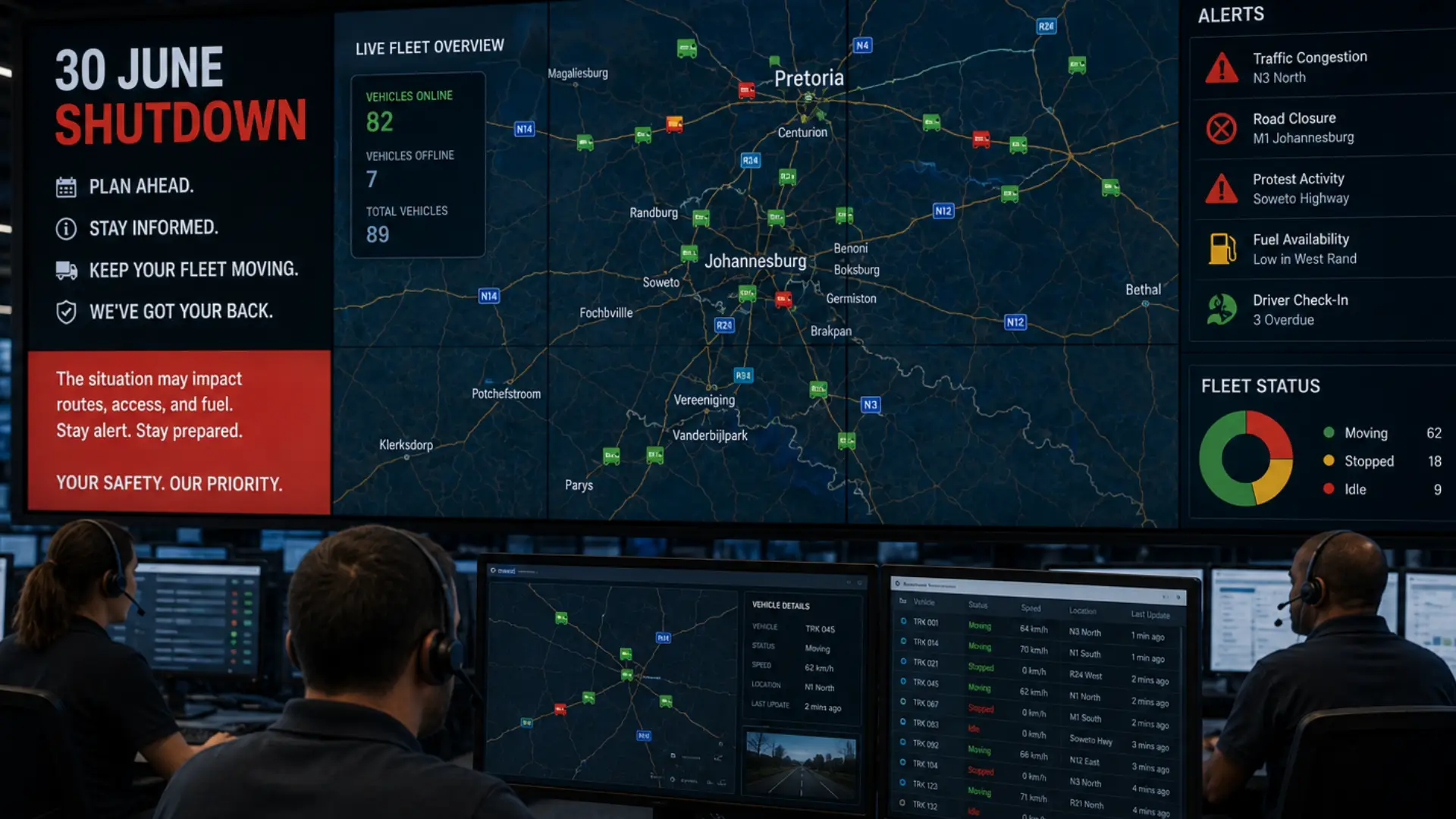 30 June shutdown fleet contingency — a logistics control room monitoring fleet vehicles across a regional map on the eve of the protest