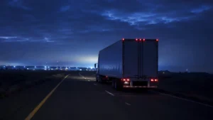Bafana Korea fleet night — a freight truck on a quiet highway before dawn with depot lights in the distance