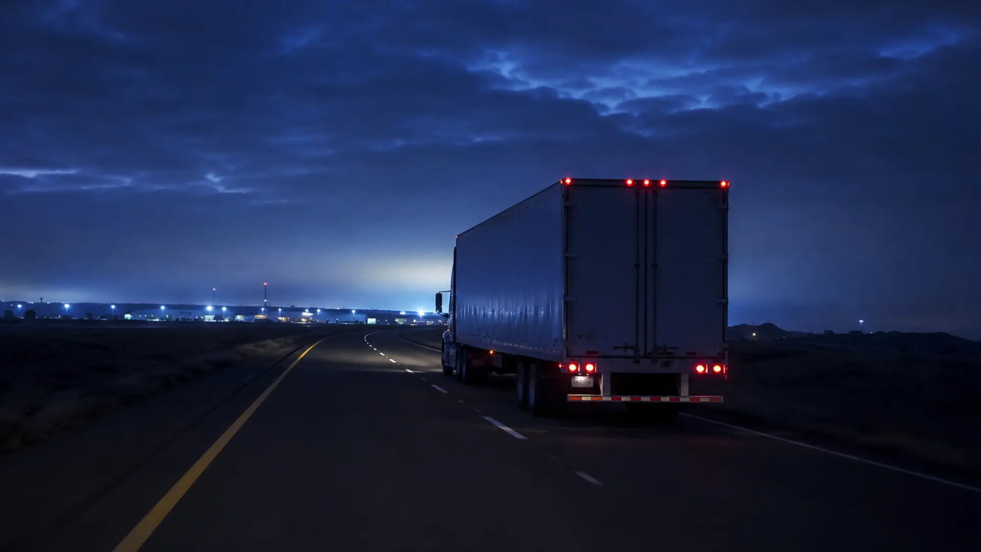 Bafana Korea fleet night — a freight truck on a quiet highway before dawn with depot lights in the distance