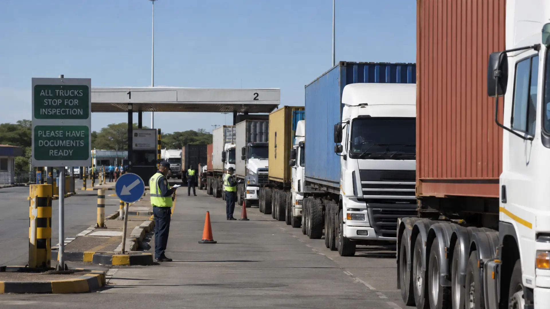 Cargo theft fleet security — freight trucks at a border post being inspected for documentation and cargo