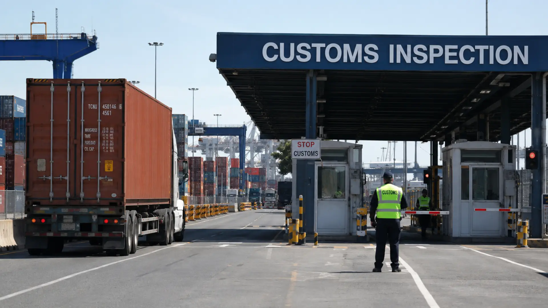 Counterfeit goods fleet logistics — cargo containers and a freight truck at a customs inspection point