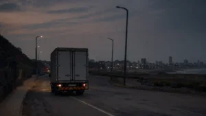 Durban fleet road safety — a delivery truck driving at night on a poorly lit Durban road