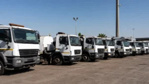 Fleet fuel supply continuity — a row of municipal maintenance trucks parked idle in a depot yard