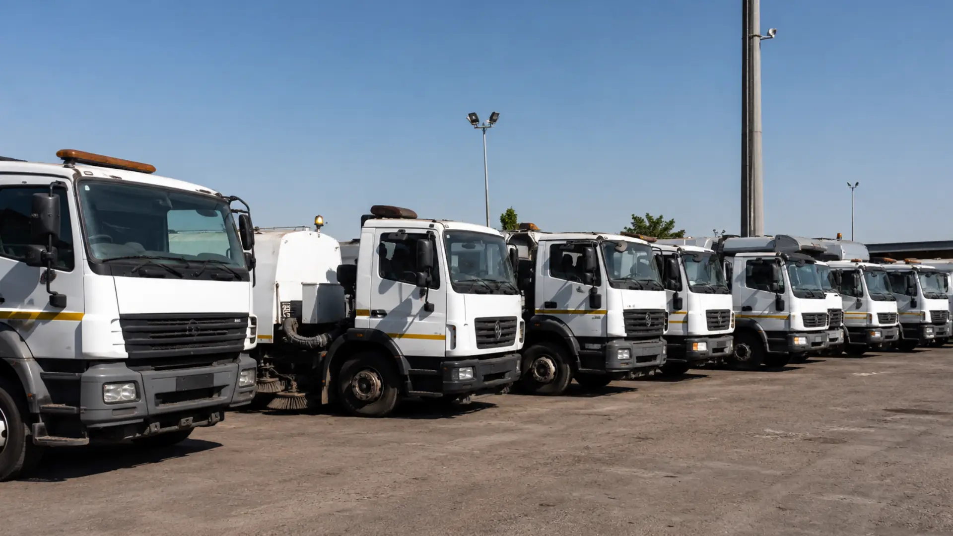 Fleet fuel supply continuity — a row of municipal maintenance trucks parked idle in a depot yard