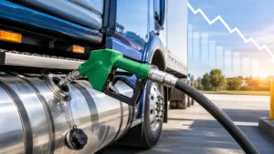 July diesel price fleet — a fuel pump nozzle filling a commercial truck with a downward price trend in the background