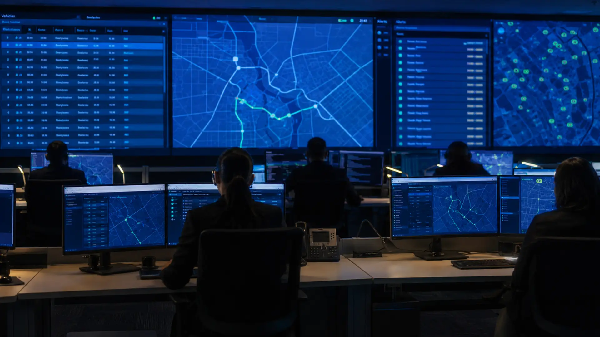 June shutdown fleet security — a fleet control room monitor tracking vehicles on a digital map at night