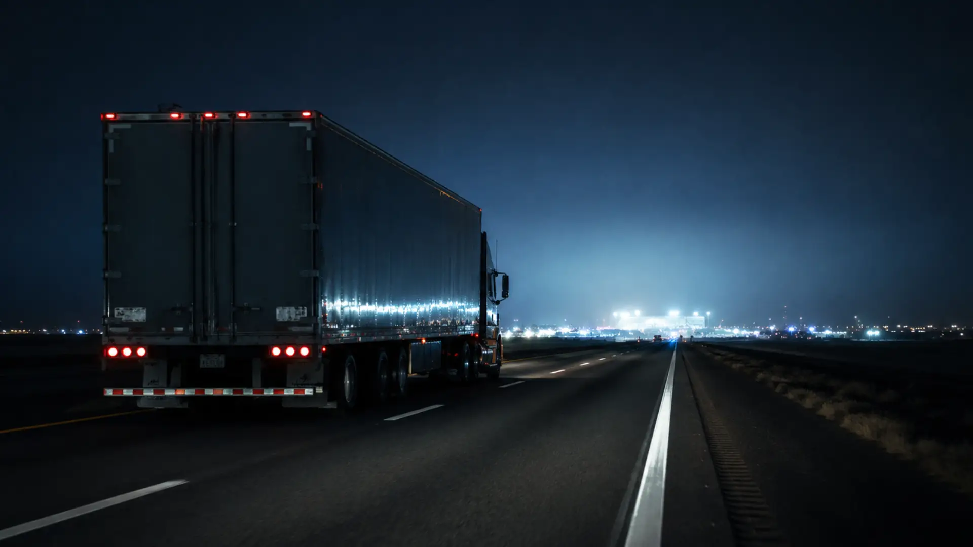 Bafana fleet match night — a freight truck on a highway at night with a stadium glow on the horizon