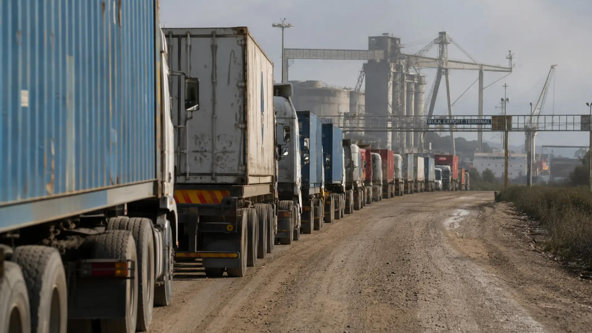 Port congestion fleet costs — a line of freight trucks queuing on an access road to a bulk export port