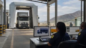 Border security fleet technology — cargo scanner at South African border post inspecting freight truck
