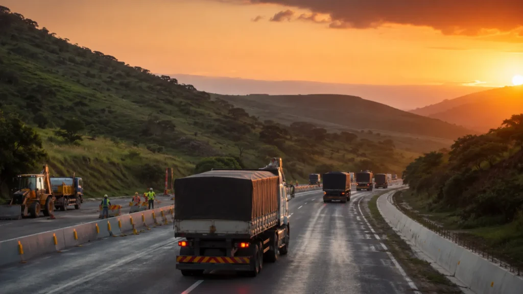 Comrades N3 reopening fleet — freight trucks returning to the N3 highway between Durban and Pietermaritzburg at dusk