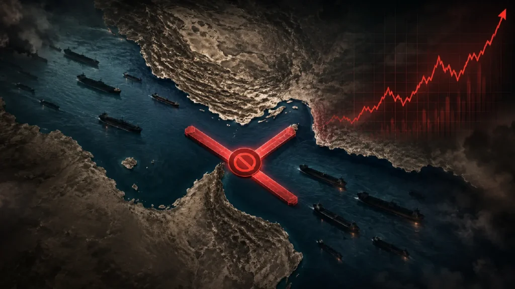 Hormuz crisis fleet diesel — oil tanker route map showing closed strait and rising fuel price graph